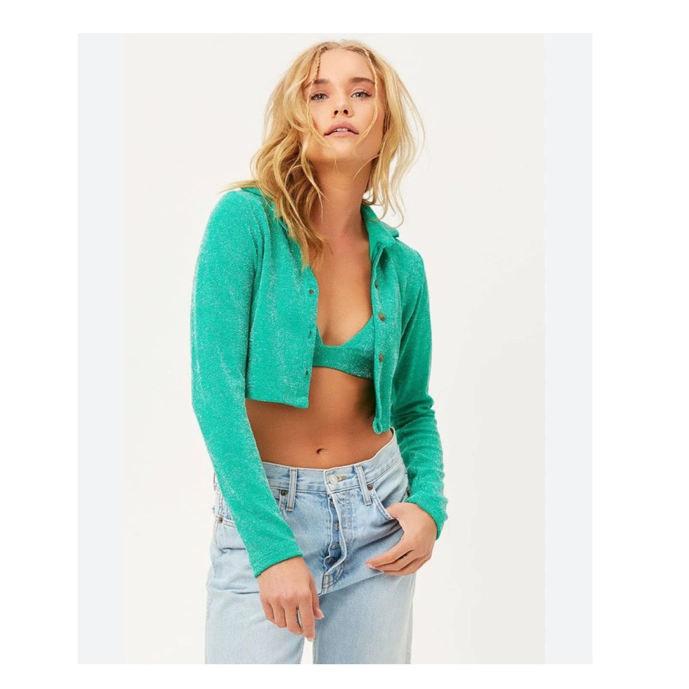 Frankie’s Bikinis Josephine Cardi Crop Top in Mistletoe Green Sz S